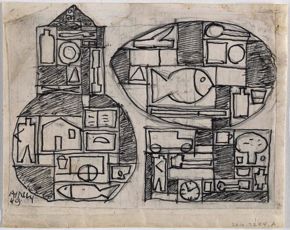 Untitled (Two Structures) by Julio Alpuy,  graphite and ink on paper, 1949