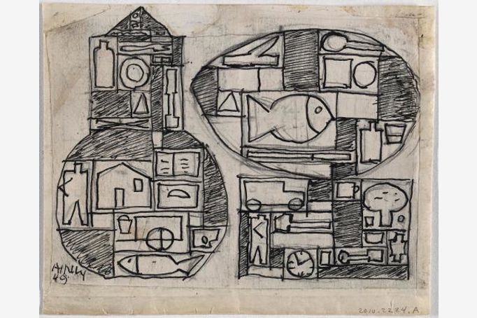 Untitled (Two Structures) by Julio Alpuy, graphite and ink on paper, 1949