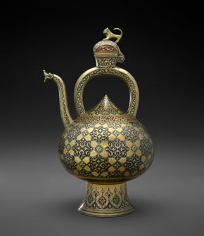 Iran, Ewer, 1607–08, brass; cast, engraved, and inlaid with black compound