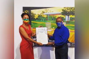 Melissa Aytenfisu and Mayor Sylvester Turner at her "Metamorphosis" exhibition.