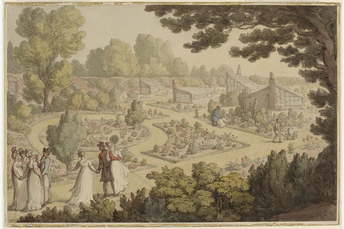 Thomas Rowlandson, Elegant Figures in a Walled Garden, 1803–05, watercolor and ink over traces of graphite on wove paper