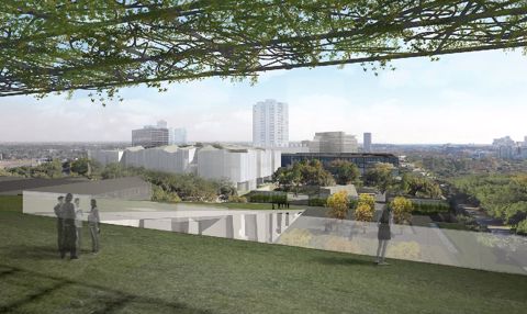 View of the Nancy and Rich Kinder Building from the roof of the Glassell School of Art